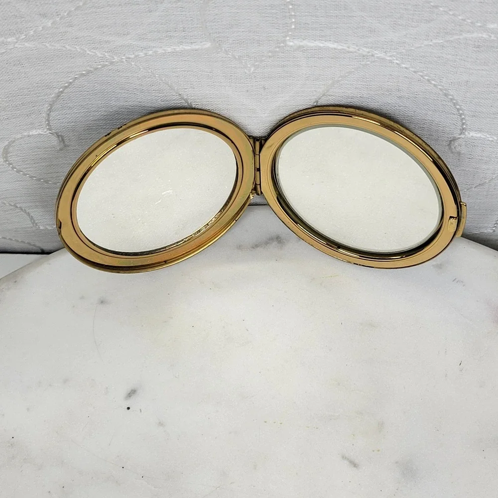 Vintage Napier Stratton Compact Mirror Black Gold Double Sided Hinged England